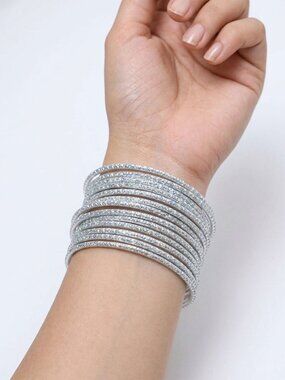 Boho Silver Glitter Bangle Bracelet Set - Stackable Sparkly Festival Jewelry